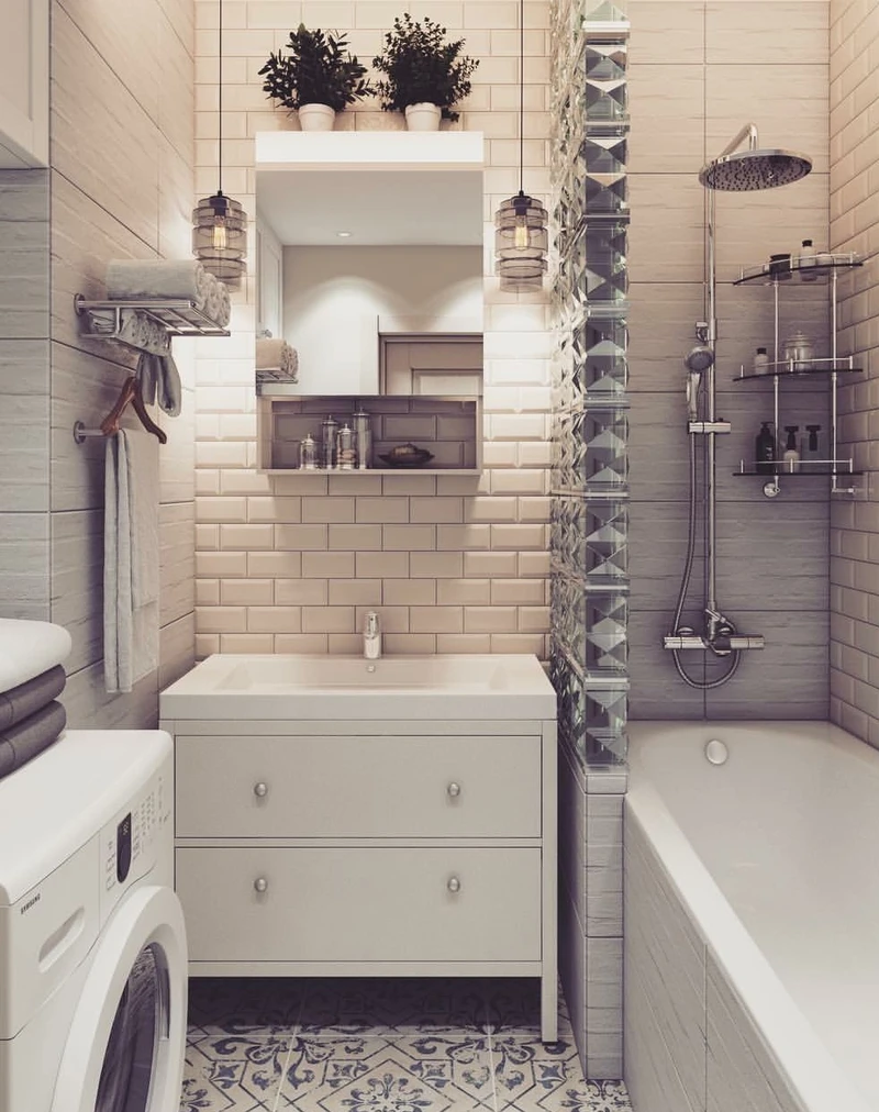 дизайн ванной с перегородкой из стеклоблоков