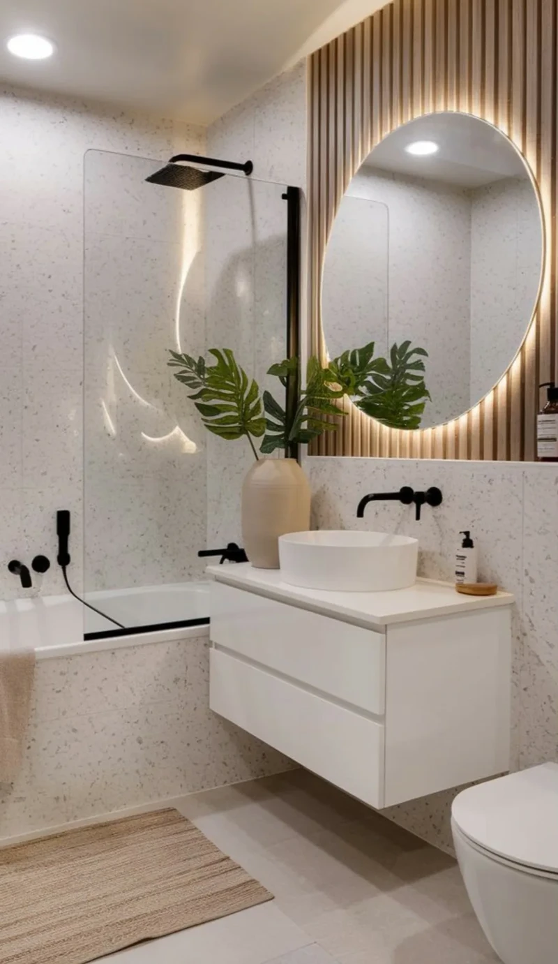 ванная с тропическим душем и стеклянной перегородкой