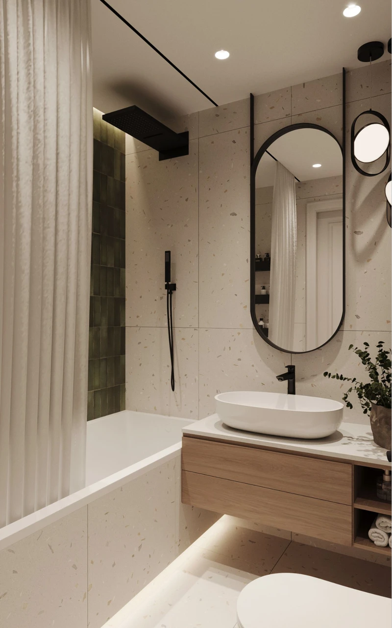 отделка ванной широкоформатной плиткой