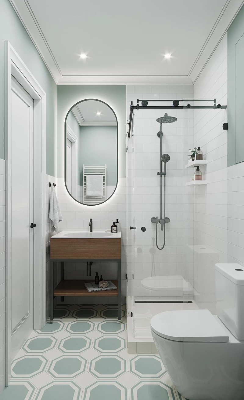 ванная комната с душевой кабиной в светлых оттенках