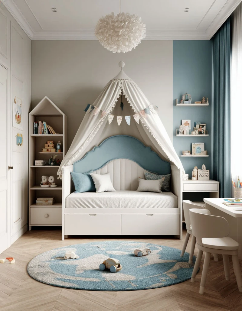 дизайн детской комнаты в бело-голубом цвете