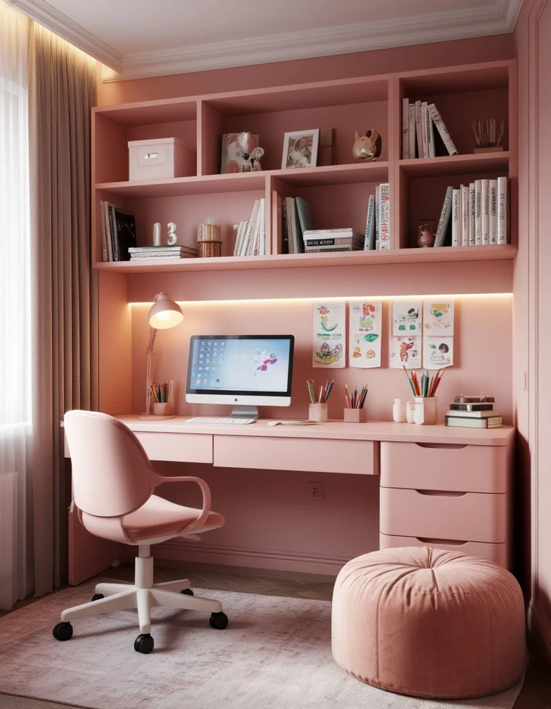 розовая рабочая зона в детской