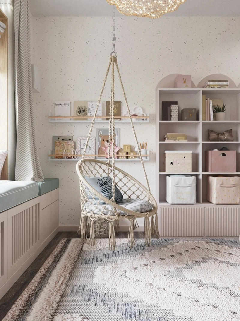 комната для девочки с подвесным креслом