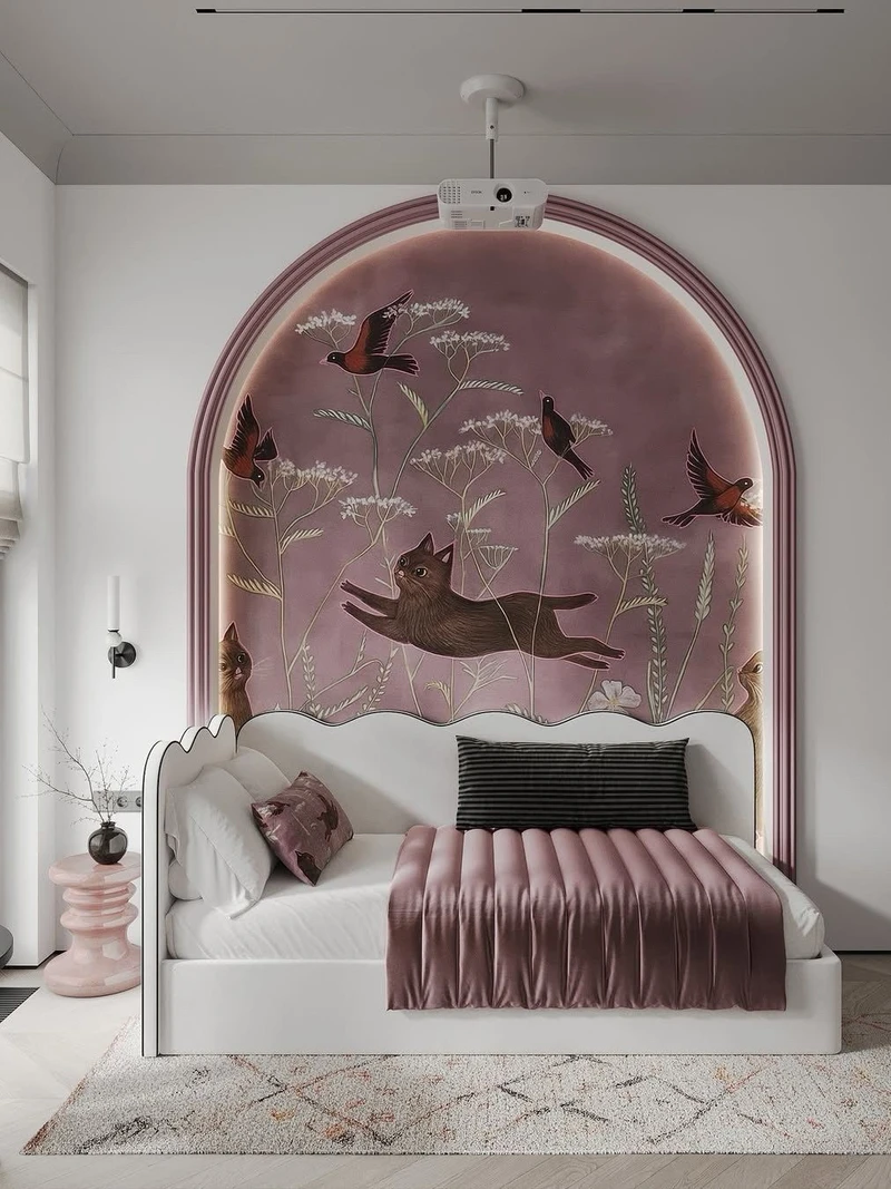 современная детская для девочки с акцентной стеной