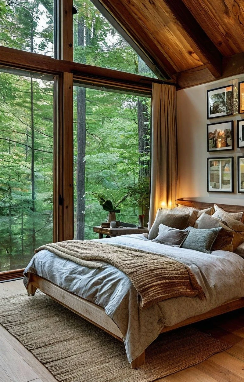 дизайн спальни с видом на лес