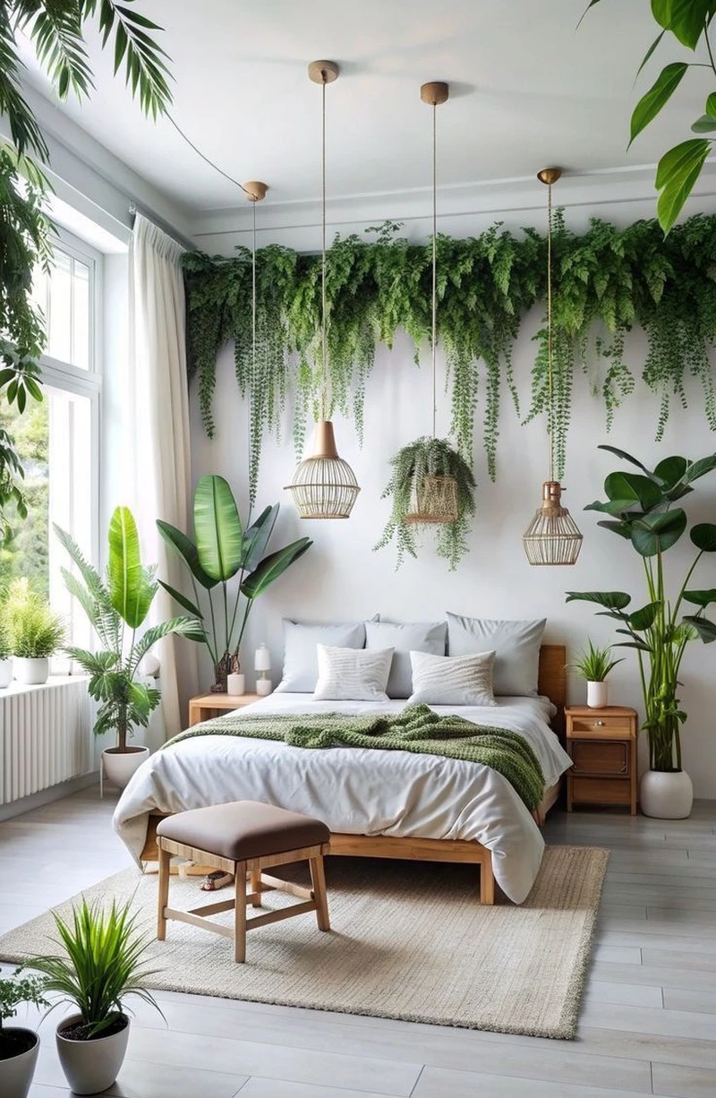светлая спальня с подвесными растениями