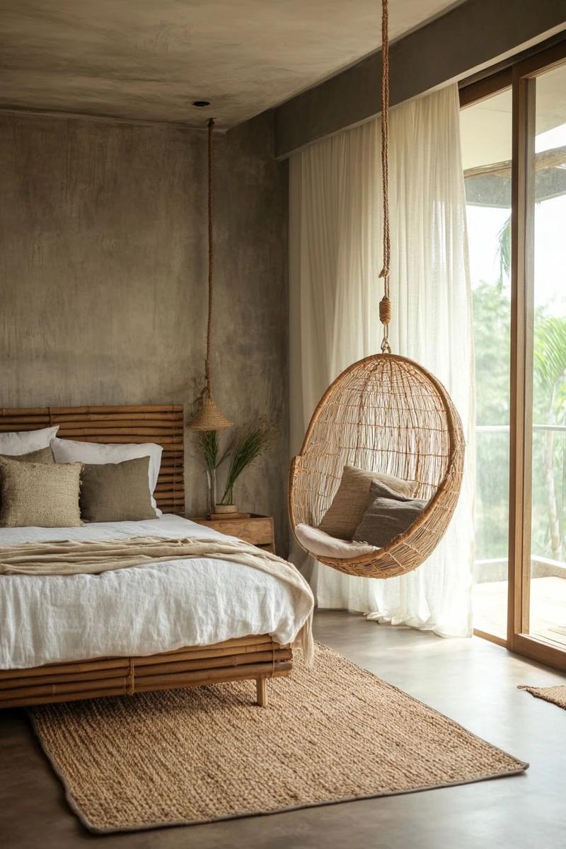 спальня с плетеным подвесным гамаком