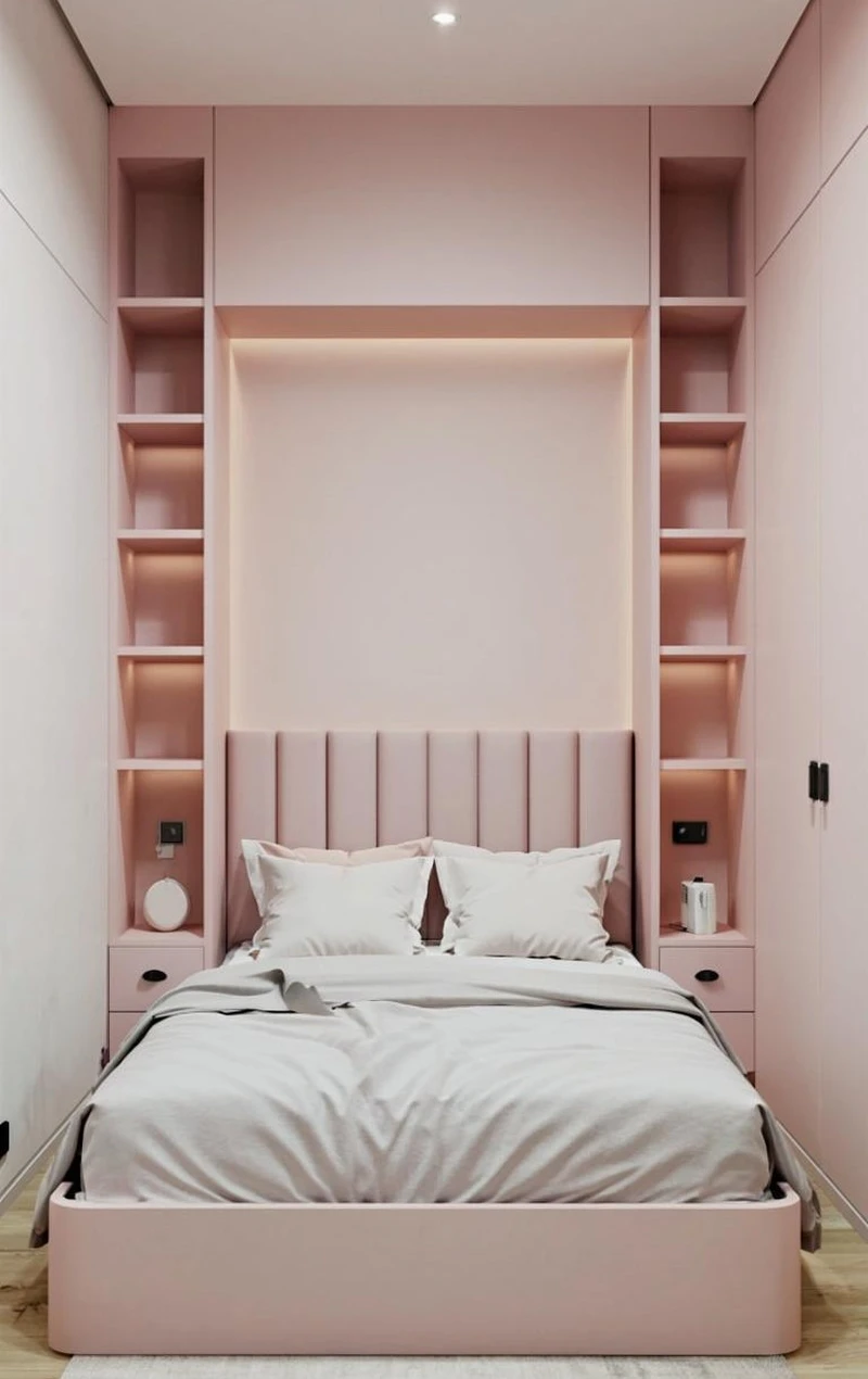 спальня с стеллажами по бокам