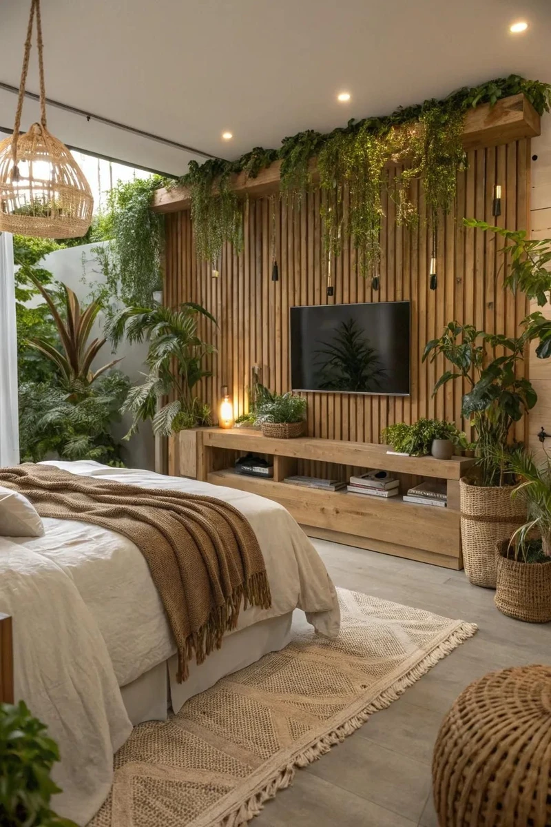 спальня в светлых оттенках с растениями