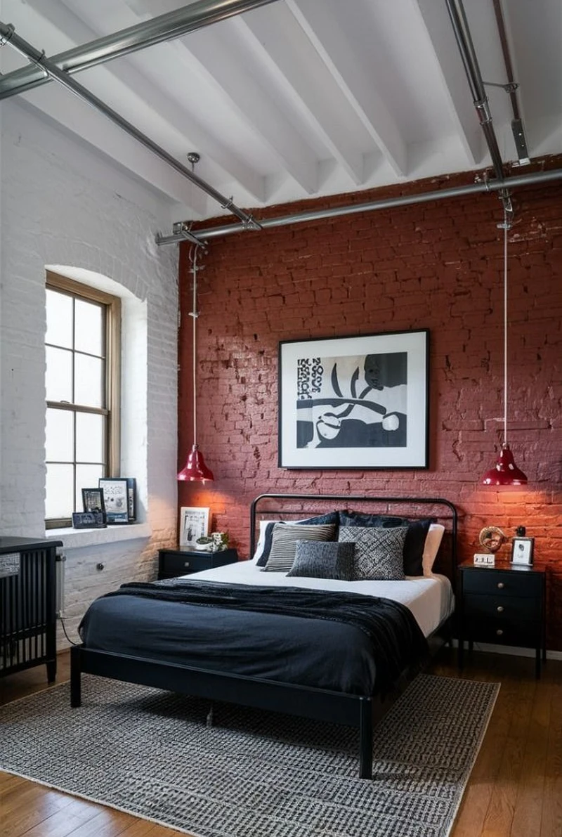 спальня с красной кирпичной стеной