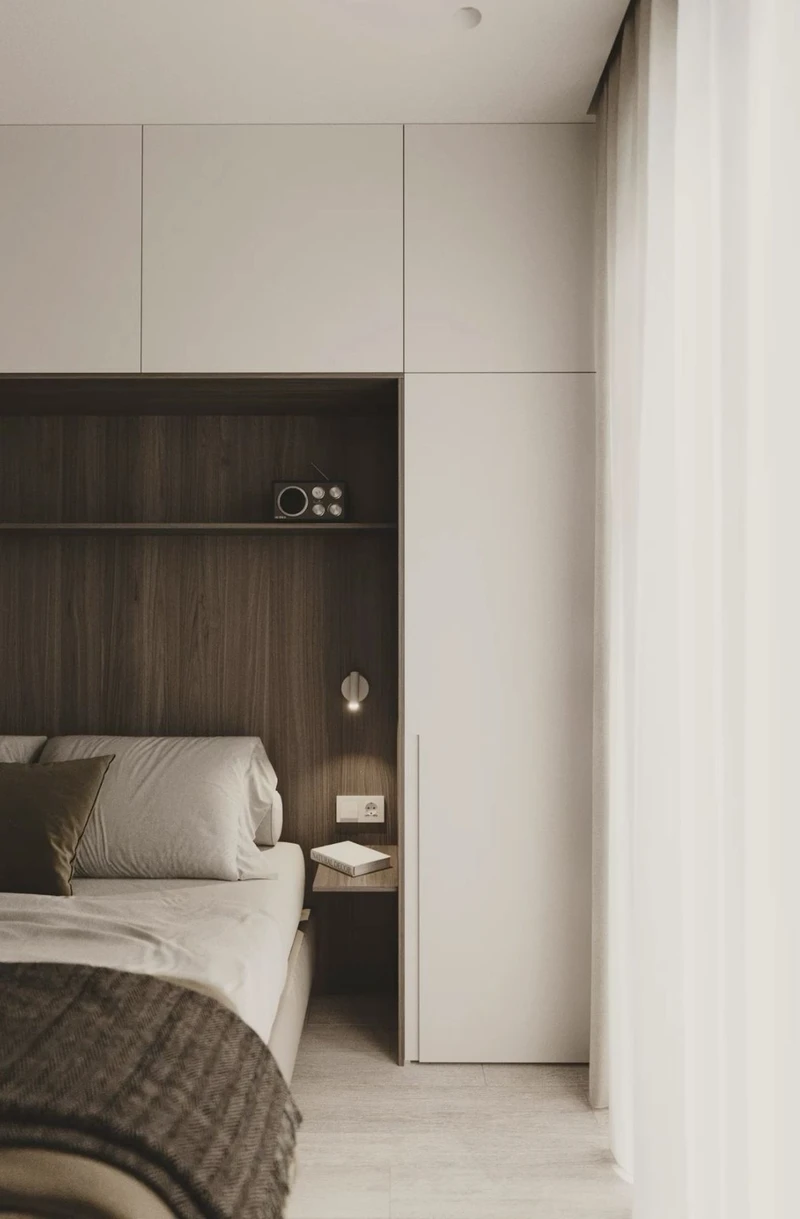 спальня с встроенной системой хранения у кровати