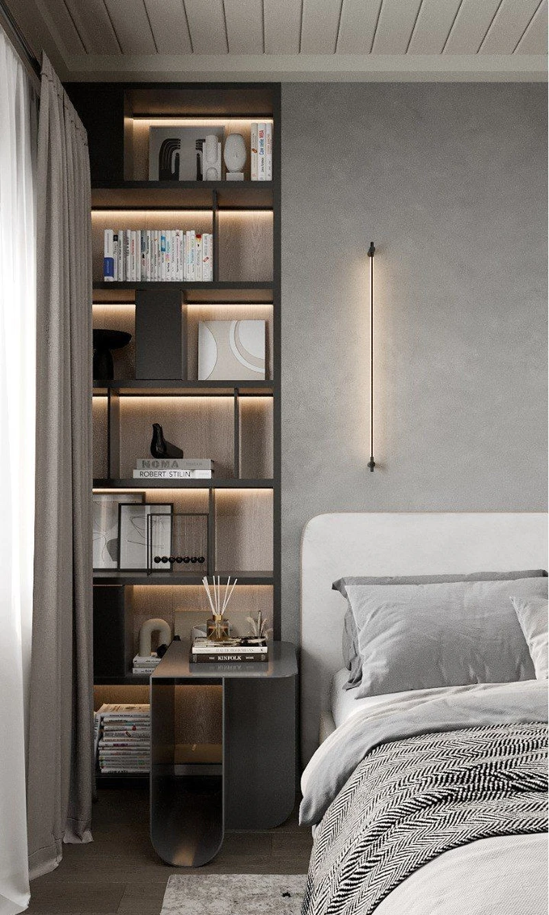 светлая спальня с открытым стеллажом