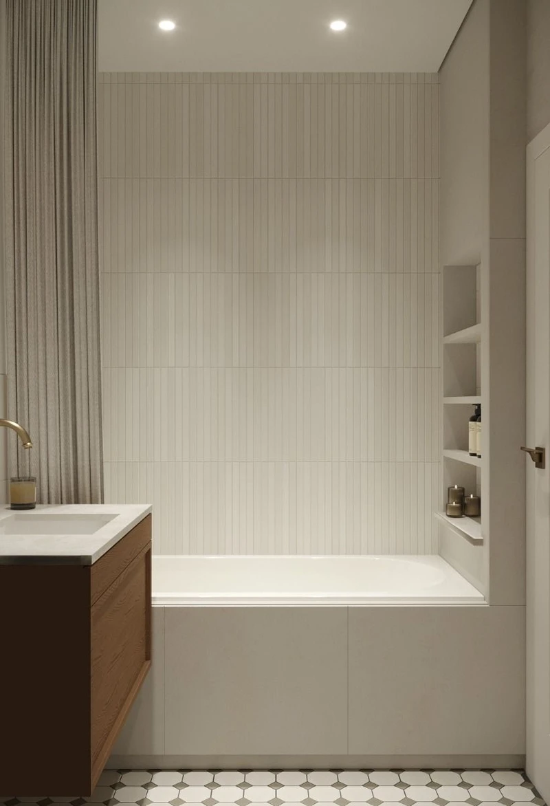 Ванная в минималистичном стиле с нишей для полок